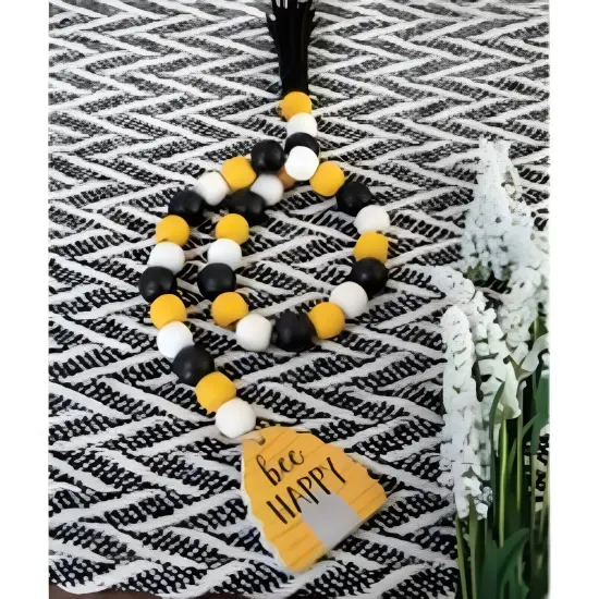 Wood Beehive Bead Garland with Tassel and Bee Happy Cutout {2}