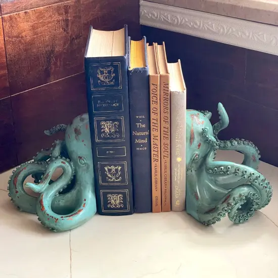 Aqua Green Octopus Bookends Set of 2 Nautical Polyresin Coastal Shelf Decor {6}