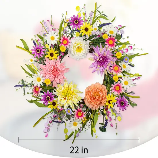 Artificial Summer Wreath 22 Inch Floral Wreaths for Front Door Summer Wreath with Dahlia Daisy Flowers for Indoor Porch Wall Holidays Easter Celebrations {5}