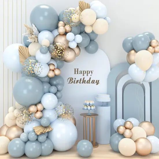 Dusty Baby Blue Balloons Arch Garland Kit - Haze Fog Blue Sand White Champagne Gold Dusty Balloons for for Boy Girl Birthday Bear Theme Baby Shower Gender Reveal Bridal Wedding Party Decorations {1}