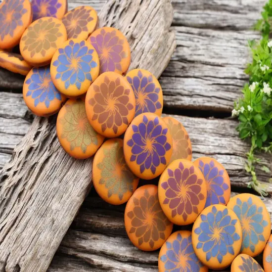 *8* 17mm Opaque Orange Sliperit Laser Etched Dahlia Coin Beads {3}