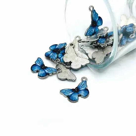 Light Blue Enamel and Silver Butterfly Charms, 14x20mm {1}