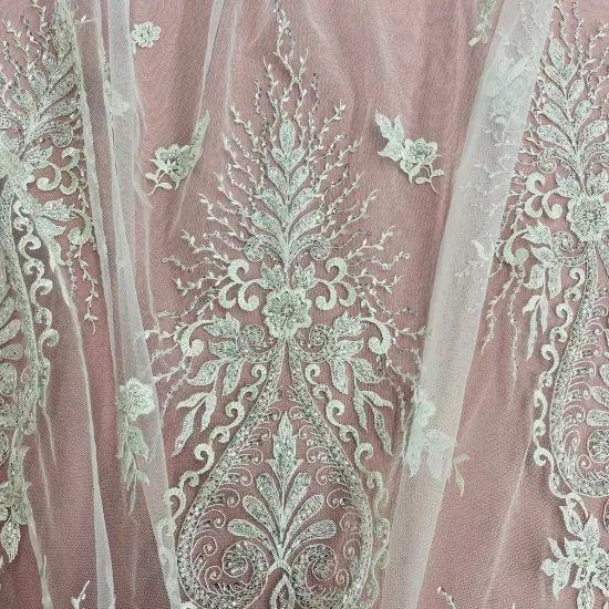 1 Yard Beaded Lace Fabric Embroidered on 100% Polyester Net Mesh - 54" Wide, Elegant Bridal & Dressmaking Fabric Antique Silver {5}