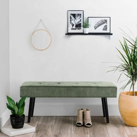 Modern Corduroy Upholstered End of Bed Searing Bench with Black Metal Legs for Living Room Green {3}