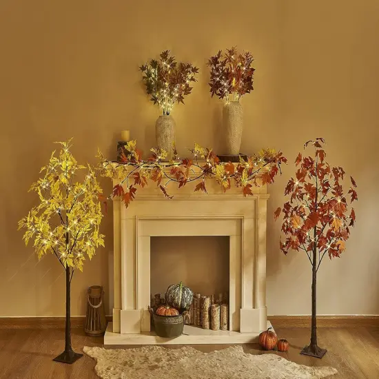 6FT Lighted Fall Garland with Timer - 24 Warm White (Yellow Maple) {3}