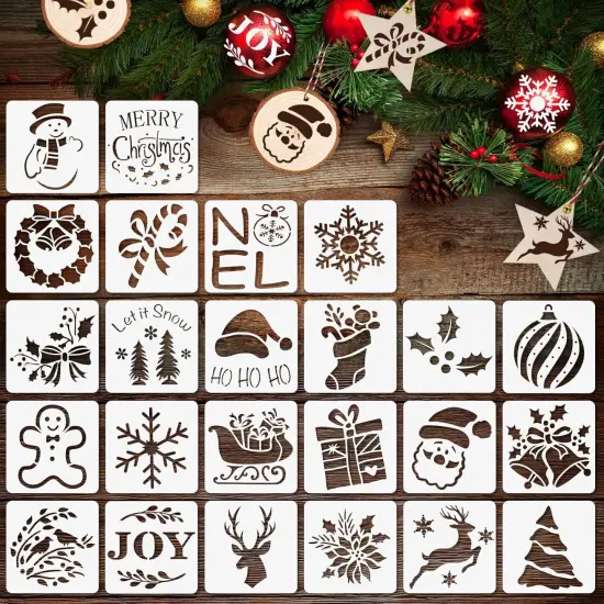 24 Pcs Small Christmas Stencils 3x3 Inch for Painting on Wood Slice {1}