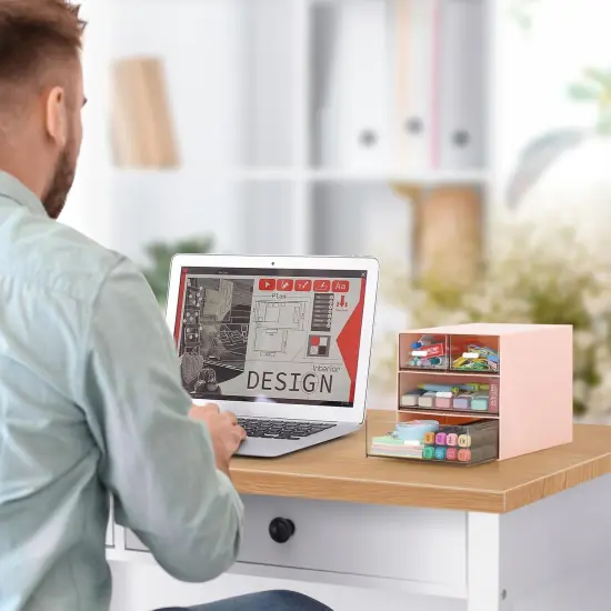 Desk Organizer with 4 Drawers, Clear Plastic Desk Storage Box, Desktop Organization for Office Supplies, Gel Pens, Pencils, Markers, Tape, Erasers, Paperclips, Chargers (Pink w 4Draws) {2}