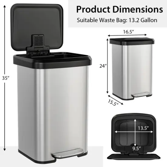 Silver Stainless Steel 13-Gallon Step Trash Can with Soft-Close Lid and Built-In Deodorizer {4}