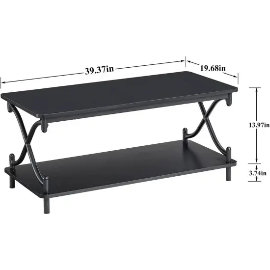 39-Inch Modern Rectangular Coffee Table with Metal Frame and Storage Shelf for Living Room Black {2}