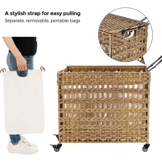 3-Basket Foldable Laundry Sorter Cart with Removable Bags and Locking Wheels for Home Tan {3}