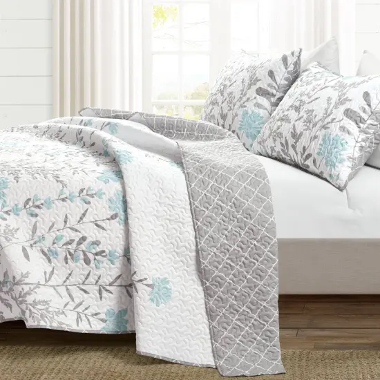 Blue Grey Floral Lightweight Thin Polyester Fabric 3-Piece Quilt Set {5}