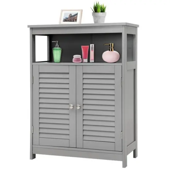 Bathroom Floor Cabinet with Louvered Doors and Open Shelf, Adjustable Storage Organizer Grey {5}