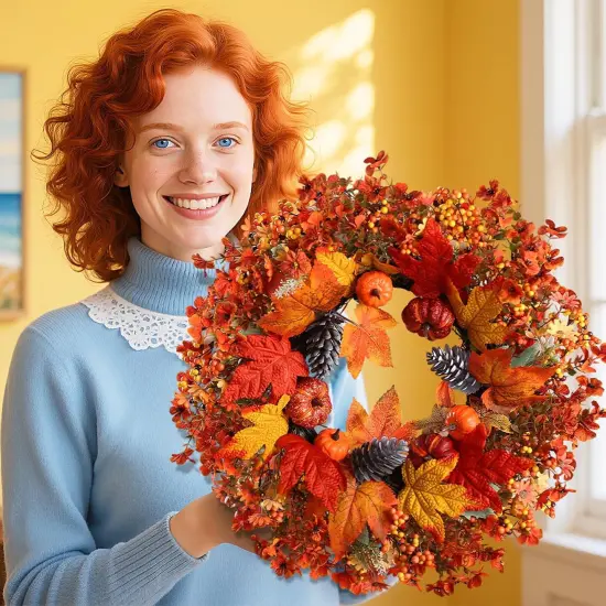 Fall Wreath with Pumpkin Maple Leaves Pine Cone Berries {3}