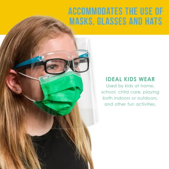 Salon World Safety Kids Face Shields with Glasses Frames (5 Pack) - 5 Colors, 1 Each - Protective Children's Full Face Shields - Anti-Fog PET Plastic {5}
