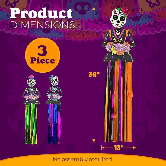 4E's Novelty Day of The Dead Hanging Decorations &ndash; 3 Pack 36" Sugar Skull Banners, Dia de Los Muertos Indoor Outdoor Party Supplies, Halloween Vertical Backdrop for Home, Yard, Door, Window Decor {3}