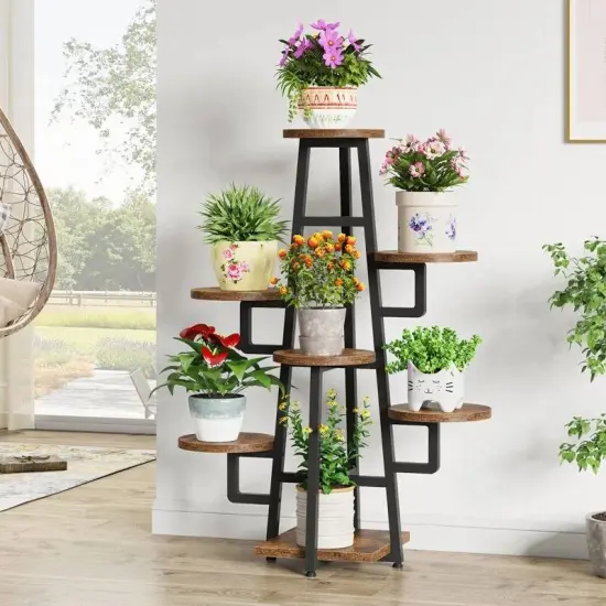 Metal and Wood 7-Tier Indoor Plant Stand with Scratch-Resistant Shelves Black {5}