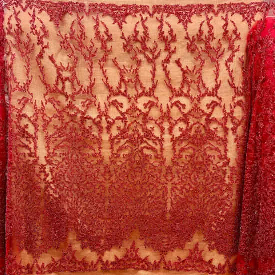 1 Yard Rose Gold Beaded Lace Fabric, Embroidered Polyester Mesh, 52" Wide Red {1}