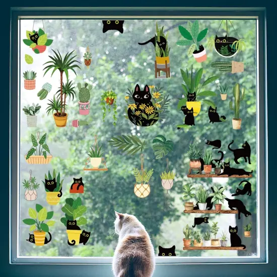 6 Sheets Black Cats Green Plants Window Stickers {1}