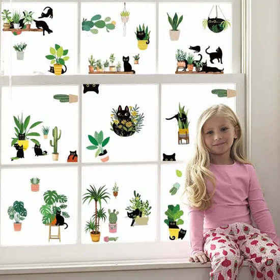 6 Sheets Black Cats Green Plants Window Stickers {3}