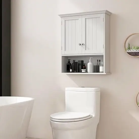 White Wall Mounted Bathroom Cabinet with Louver Doors Adjustable Shelf and Built In Towel Bar {5}