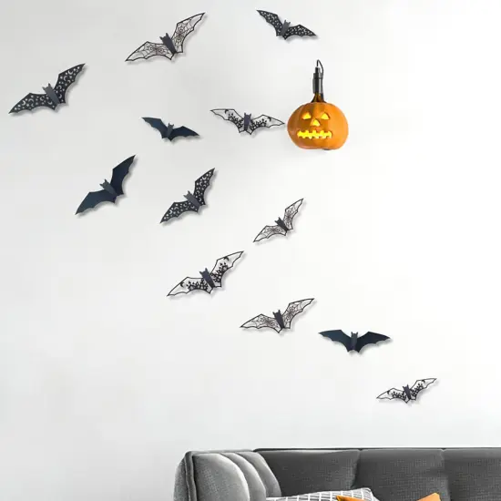 24 Pcs Halloween Wall Decals 3D Halloween Bat Wall Stickers Decor Scary Black {5}
