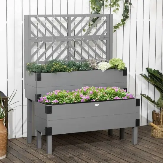 Fir Wood 2-Tier Self Draining Raised Planter Box with Lattice Trellis Grey {5}