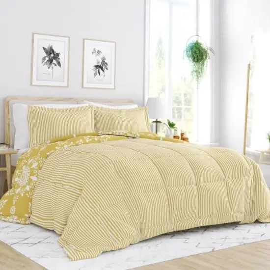 Reversible Daisy Medallion Striped Comforter Set Down Filled Microfiber with Pillow Shams {3}