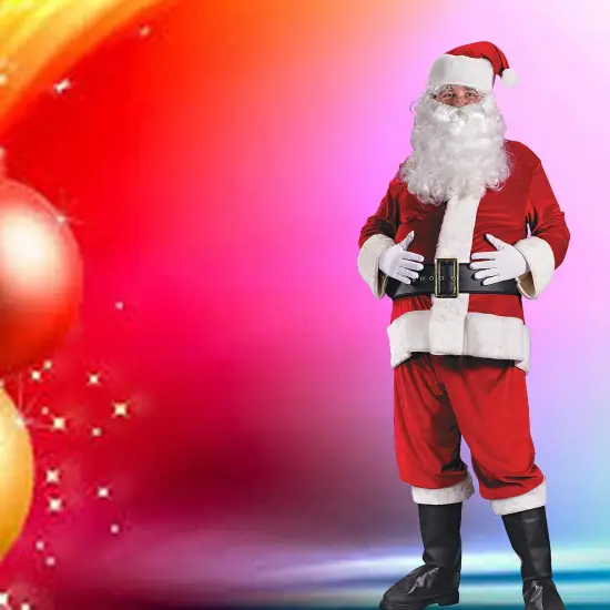 Santa Suit Costume for Men Deluxe Velour Jacket, Pants, Hat, Belt and Gloves Set Red {2}