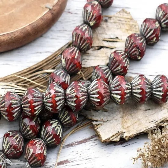*10* 10mm Red Silk Picasso Fluted Bicone Beads {4}