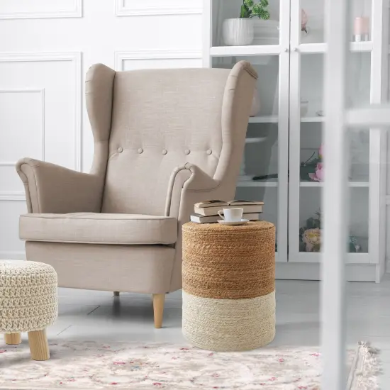 Handcrafted Braided Jute Pouf Ottoman, 14" Round x 16" High Footrest, Natural Boho Home Decor, Woven Accent Footstool for Living Room or Bedroom {2}