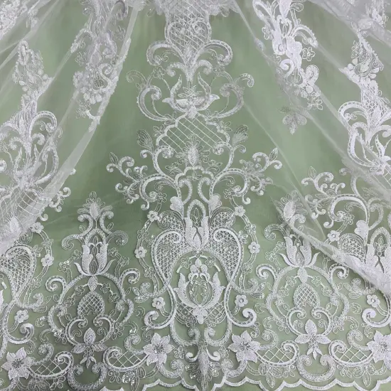 1 Yard Ivory Beaded & Sequined Embroidered Lace Fabric on 100% Polyester Mesh, 54" Wide {2}