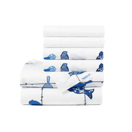 Birds on Wire Print 6 Piece Bedding Sheet Set Soft Polyester Flat and Fitted Sheets, Pillowcases {8}