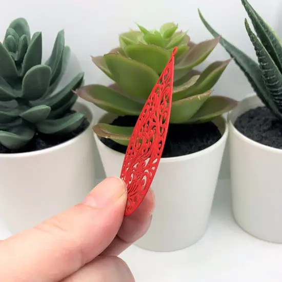 Large Red Filigree Teardrop Pendants, 55x34mm {3}