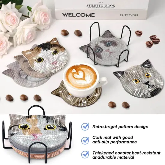 8 Pieces Diamond Painting Coasters Kit with Holder(Cat Style) {3}