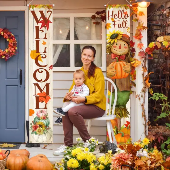 Hello Fall Porch Decor Welcome Hanging Banner {3}
