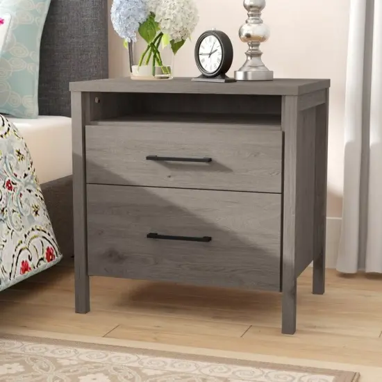 Modern Engineered Wood 2 Drawer Nightstand Bedside Table with Open Cubby and Storage Shelf Grey {3}