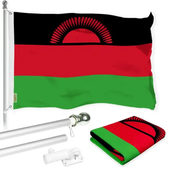 G128 Combo Pack: 6 Ft Twist Free Aluminum Spinning Flagpole (Silver) & Malawi Flag | 3x5 Ft | LiteWeave Pro Series Printed 150D Polyester | Pole with Flag Included {1}