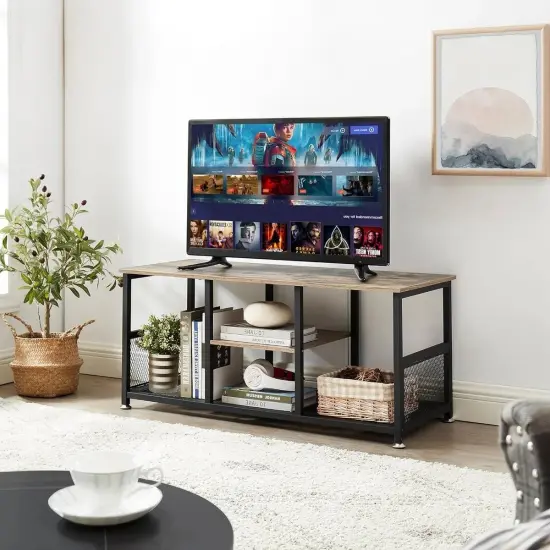 Engineered Wood TV Stand with Black Metal Frame, Mesh Shelves and Adjustable Feet Grey {4}