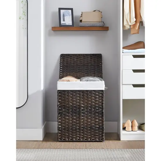 Brown Plastic Rattan Laundry Hamper with Dual Compartments, Liners and Bag {2}