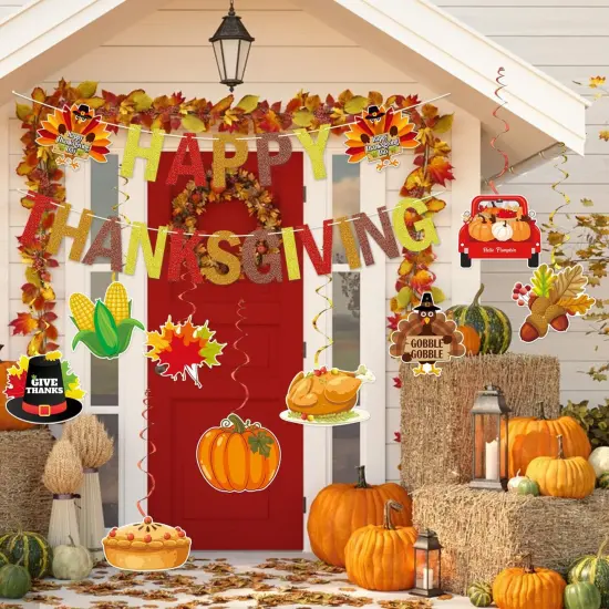 Glitter Happy Thanksgiving Banner with Hanging Swirl Decorations {4}