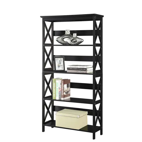 Modern 5-Tier Bookcase with Large Shelves and Glossy Finish Ideal for Office or Living Room Black {2}
