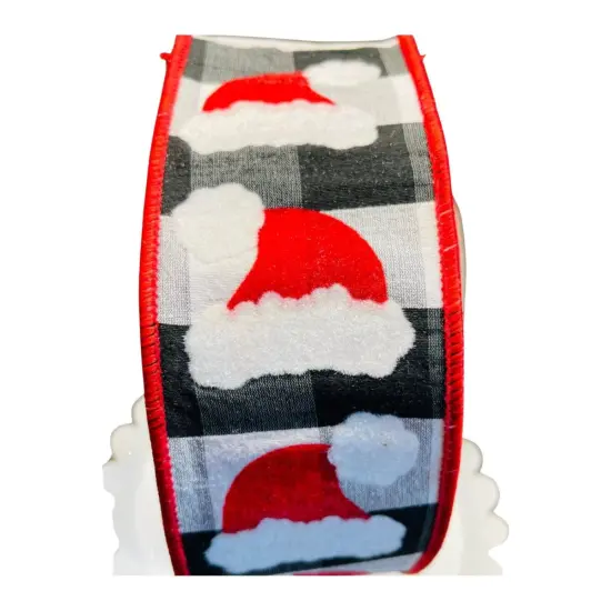 2.5" Santa Hats on Check Ribbon: Black & White (10 Yards) {3}