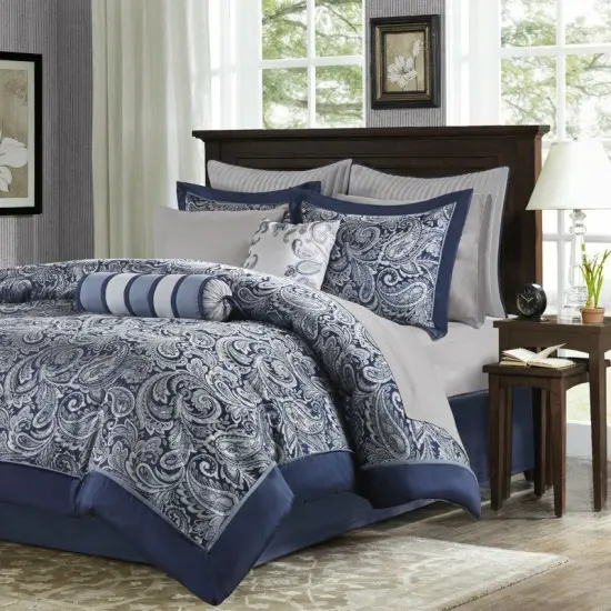 California King 12 Piece Reversible Cotton Comforter Set Hypoallergenic Bed In A Bag Navy Blue {7}
