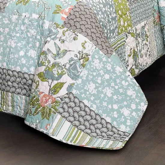 Boho Floral Blue Cotton Lightweight Quilt Set {2}