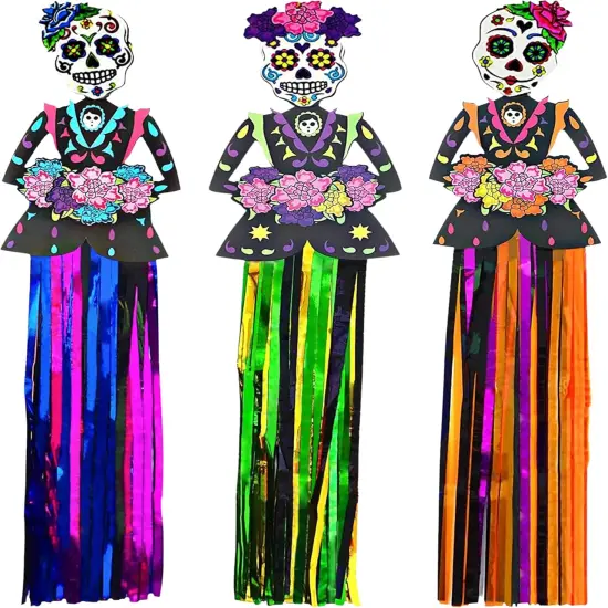 4E's Novelty Day of The Dead Hanging Decorations &ndash; 3 Pack 36" Sugar Skull Banners, Dia de Los Muertos Indoor Outdoor Party Supplies, Halloween Vertical Backdrop for Home, Yard, Door, Window Decor {1}
