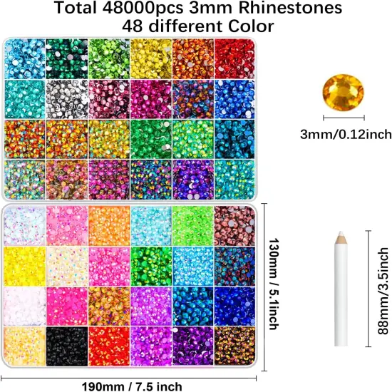 48000Pcs 3mm Flatback Rhinestones Gems - 48 Color {2}