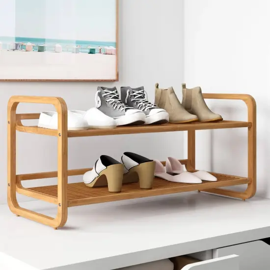 Natural Wicker Stackable Shoe Rack with 2 Shelves and 8-Pair Capacity {3}