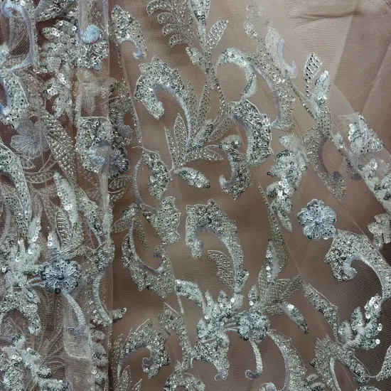 1 Yard Champagne Beaded Lace Fabric Embroidered on Polyester Mesh, 53" Wide {3}