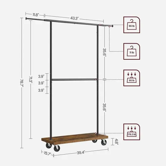 Industrial Style Extendable Garment Rack with Shelves and Wheels Heavy Duty Clothes Organizer {2}
