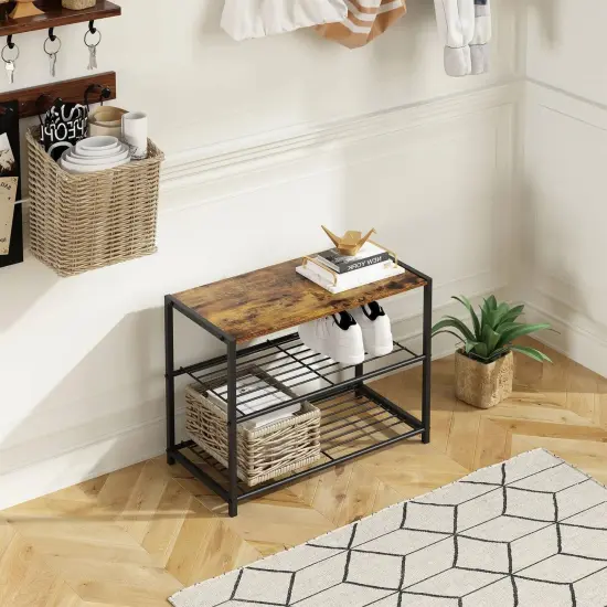 Black-Brown Metal 2-Shelf Shoe Rack Bench with Wood Top and Seat Function {5}